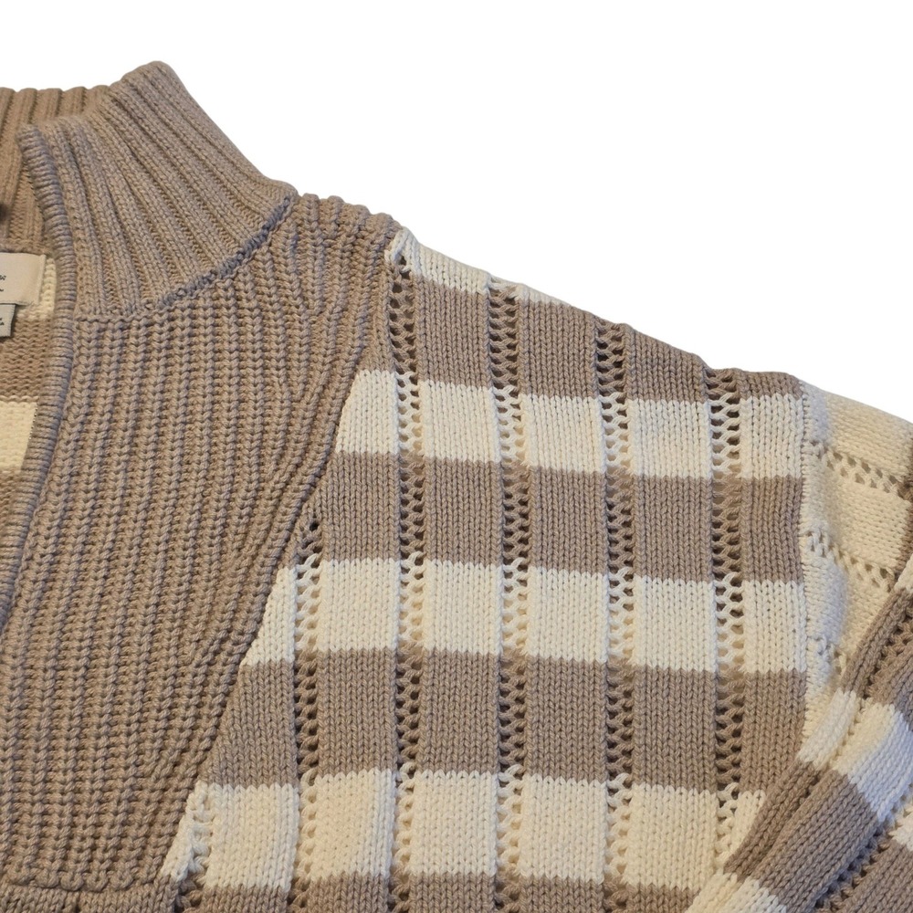 A New Day Quarter Zip Sweater Women Medium Tan Cream Excellent Striped Pointelle - Picture 4 of 10
